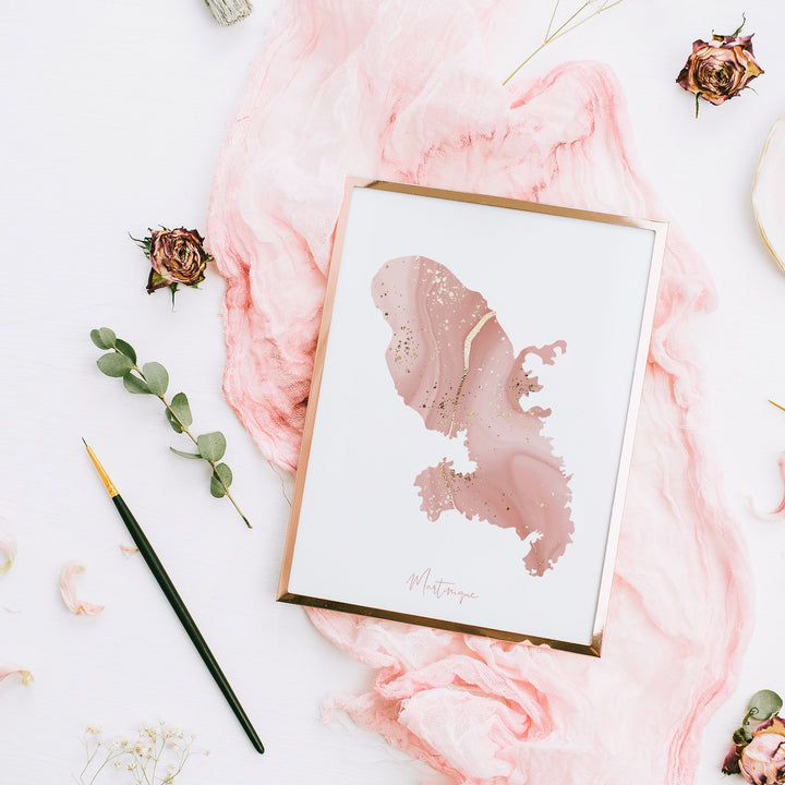 Martinique Map Pink and Gold Wall Art Print