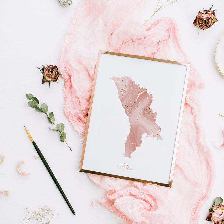 Moldova Map Pink and Gold Wall Art Print