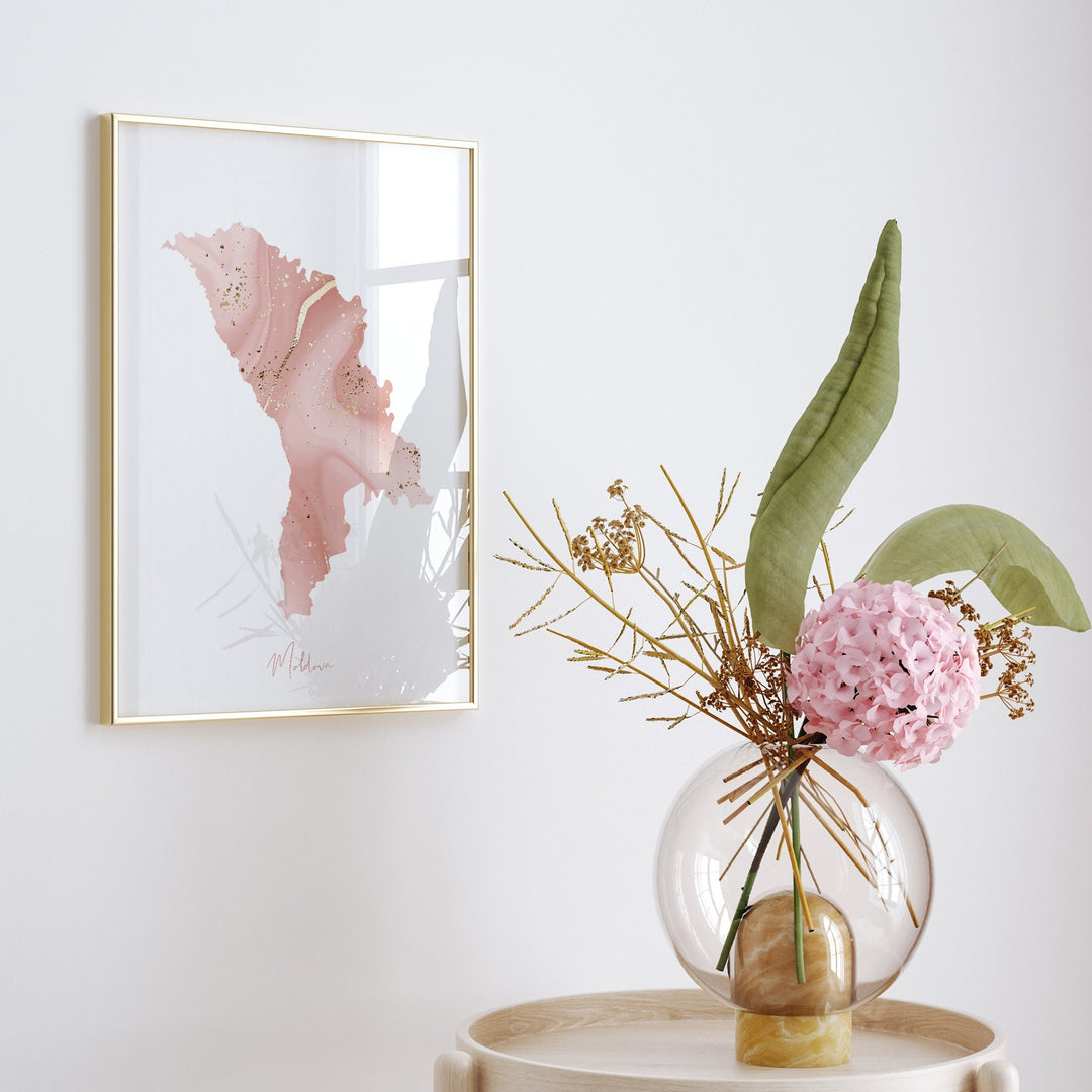 Moldova Map Pink and Gold Wall Art Print