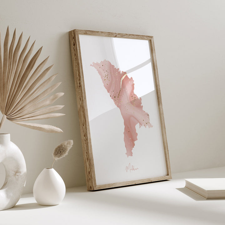Moldova Map Pink and Gold Wall Art Print