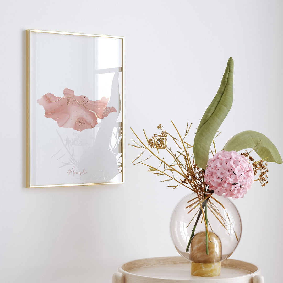 Mongolia Map Pink and Gold Wall Art Print