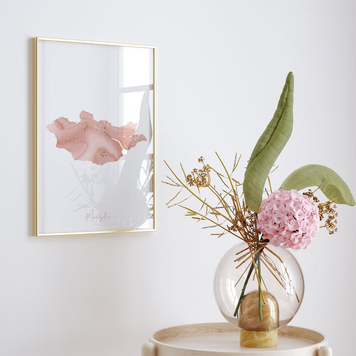 Mongolia Map Pink and Gold Wall Art Print