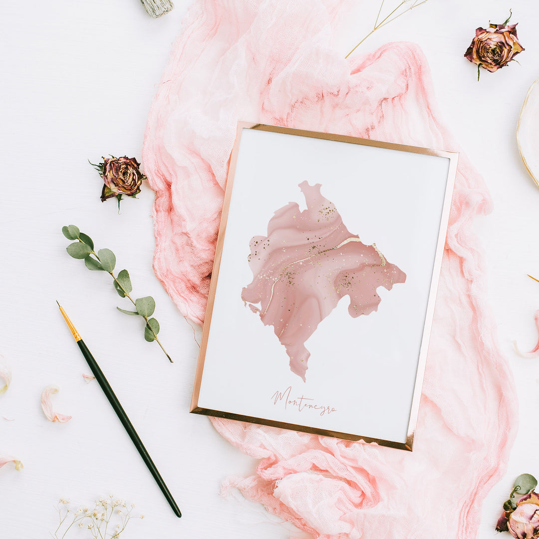 Montenegro Map Pink and Gold Wall Art Print