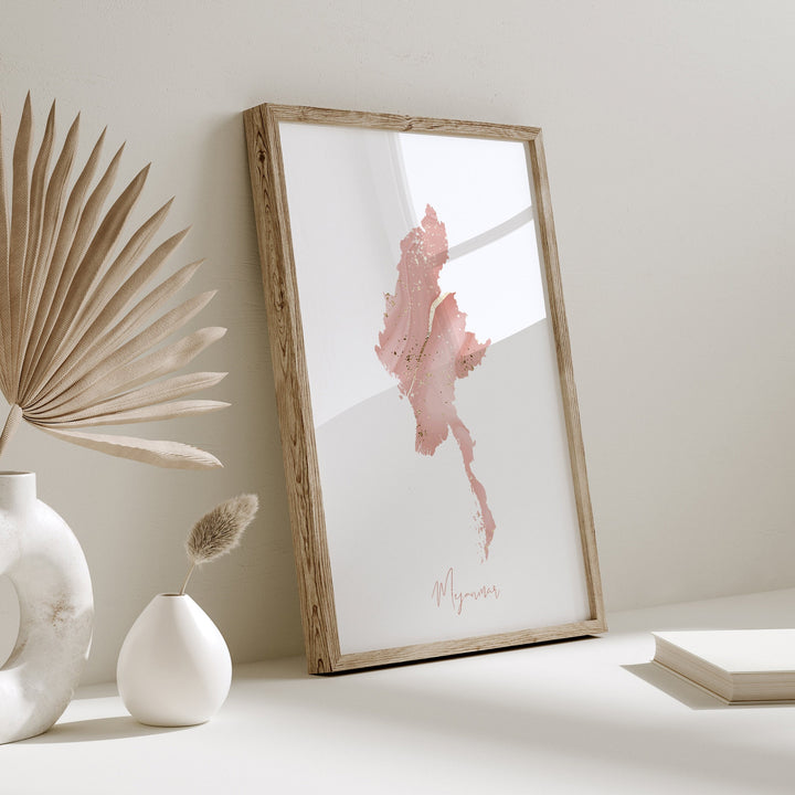 Myanmar Map Pink and Gold Wall Art Print