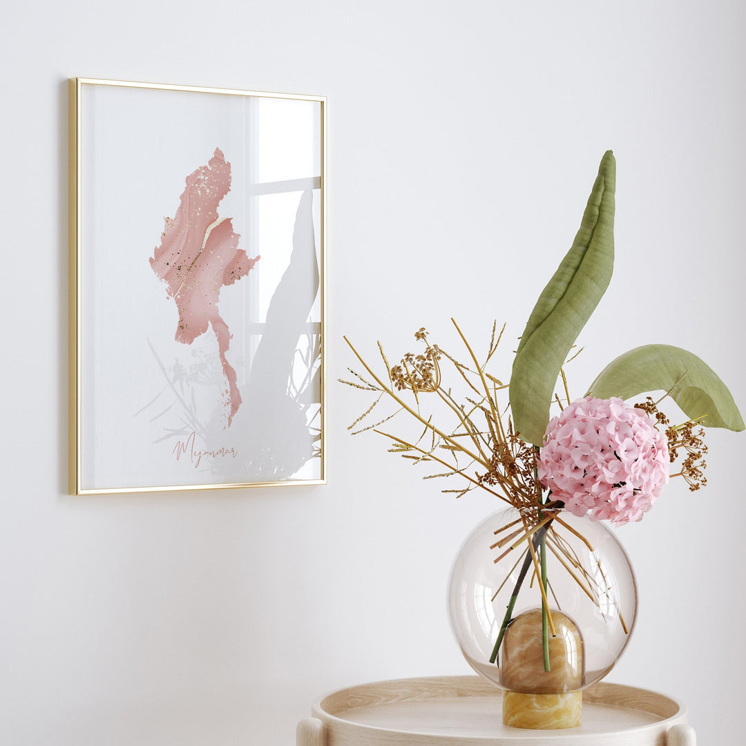 Myanmar Map Pink and Gold Wall Art Print