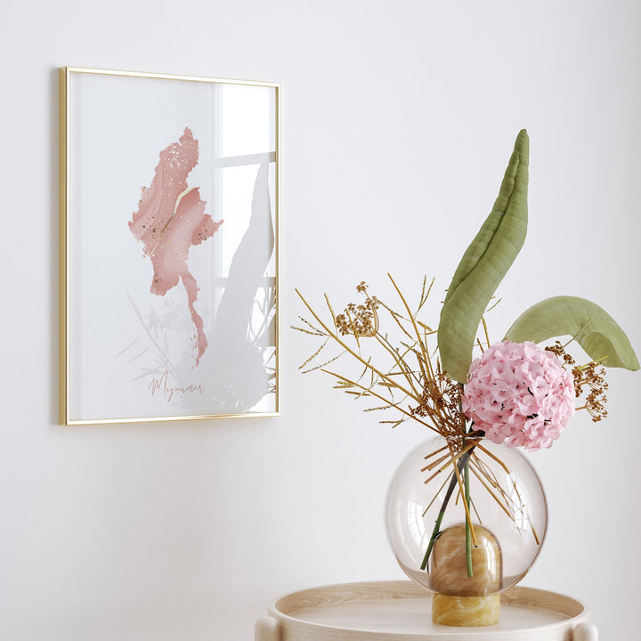 Myanmar Map Pink and Gold Wall Art Print