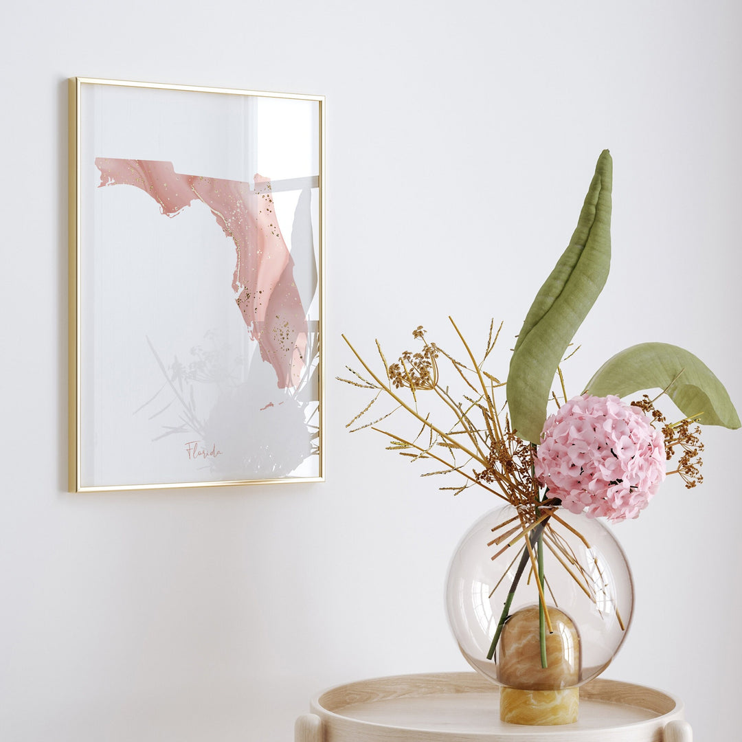 Florida Map Pink and Gold Wall Art Print | USA | US State | United States of America