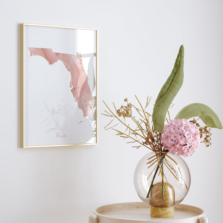 Florida Map Pink and Gold Wall Art Print | USA | US State | United States of America