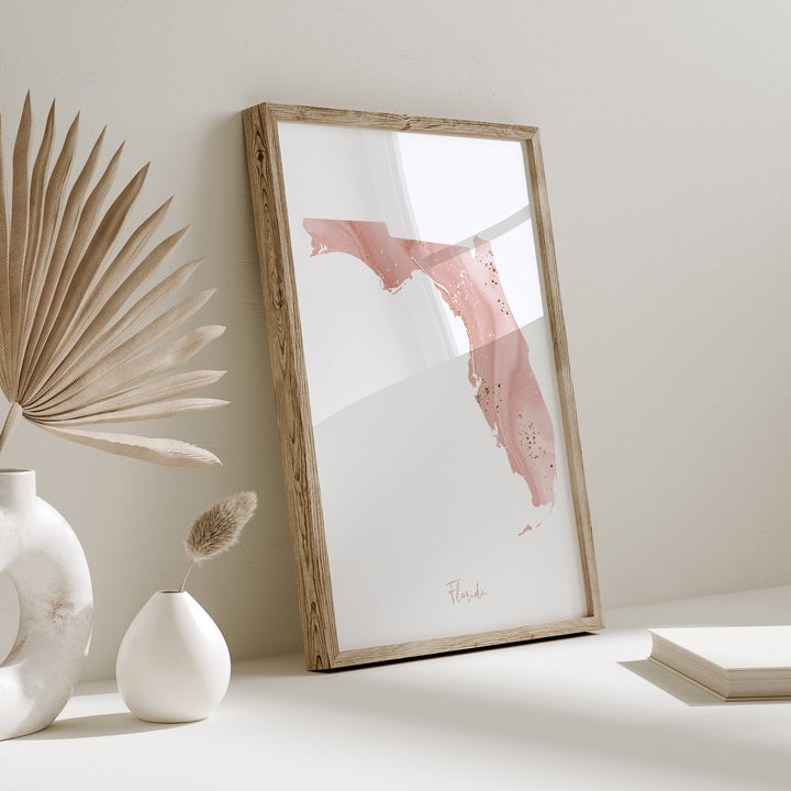 Florida Map Pink and Gold Wall Art Print | USA | US State | United States of America
