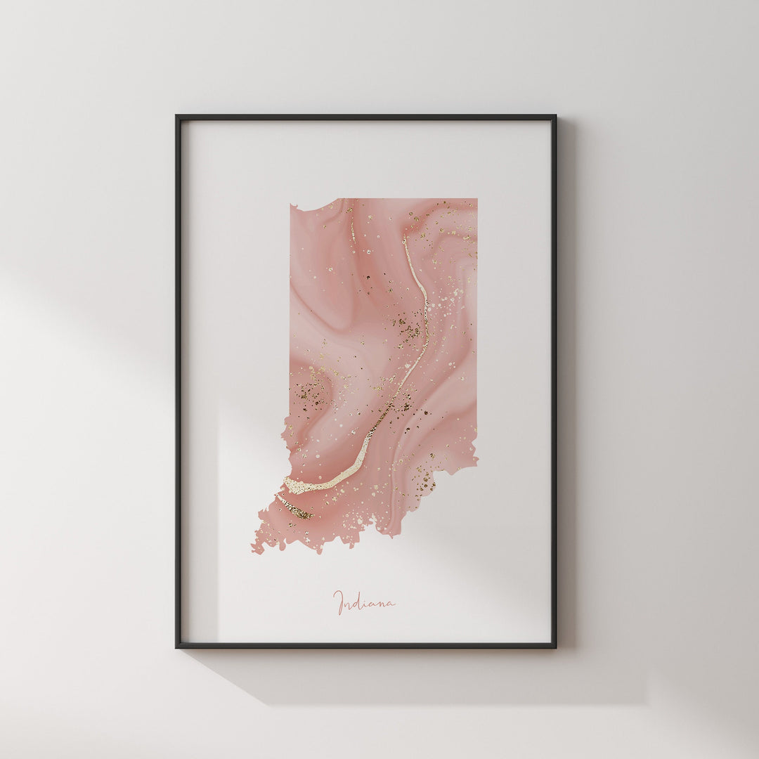 Indiana Map Pink and Gold Wall Art Print | USA | US State | United States of America