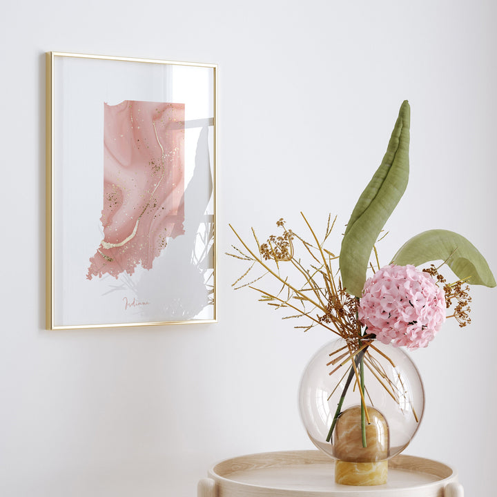 Indiana Map Pink and Gold Wall Art Print | USA | US State | United States of America