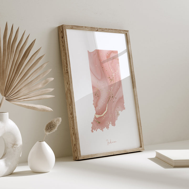 Indiana Map Pink and Gold Wall Art Print | USA | US State | United States of America