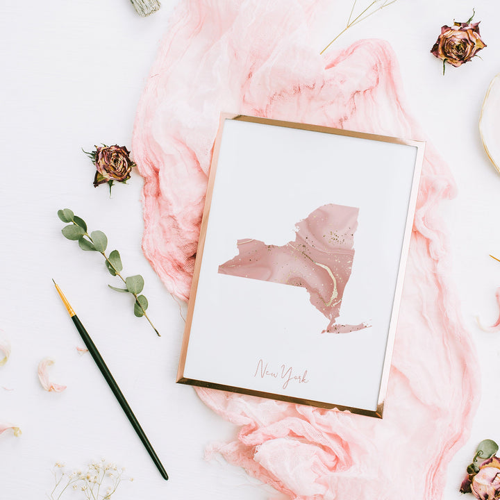 New York Map Pink and Gold Wall Art Print | USA | US State | United States of America