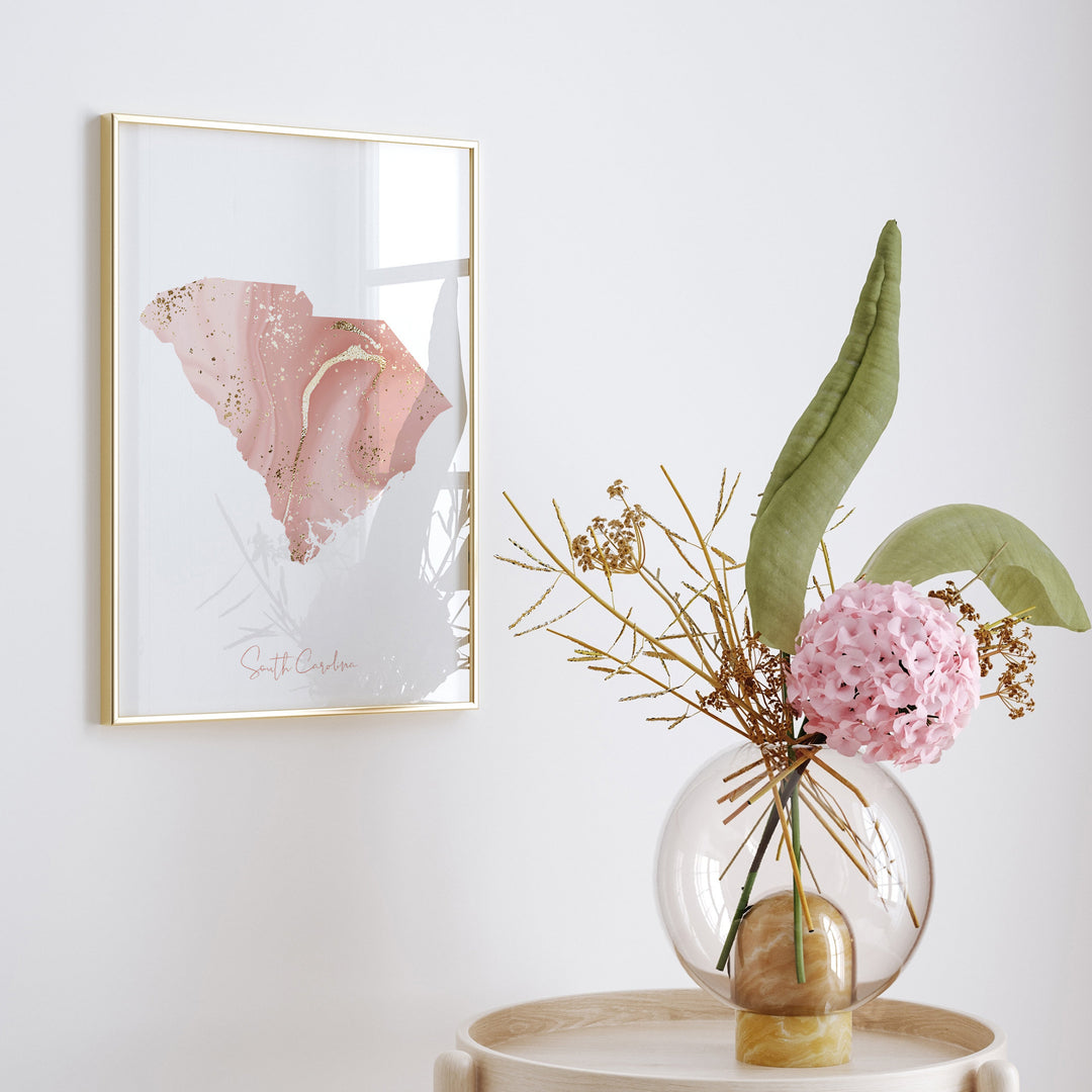 South Carolina Map Pink and Gold Wall Art Print | USA | US State | United States of America