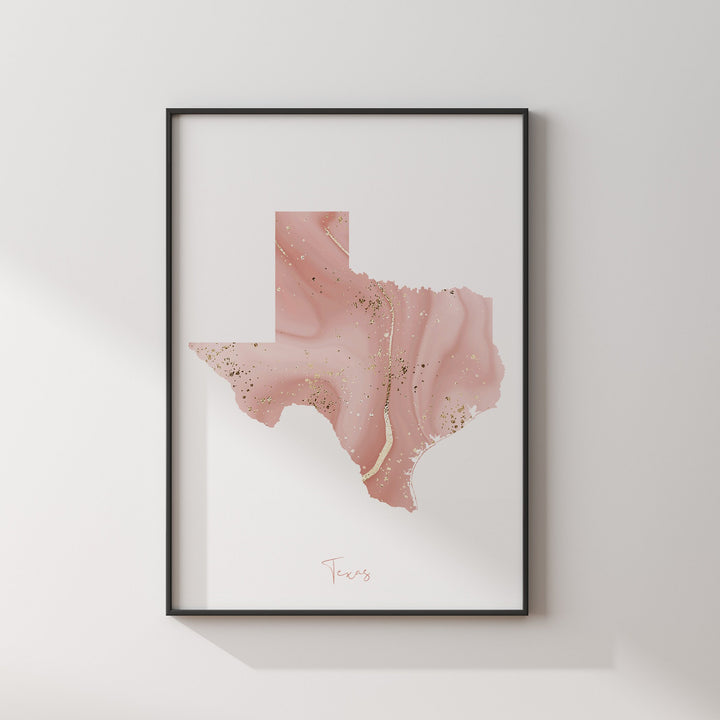 Texas Map Pink and Gold Wall Art Print | USA | US State | United States of America