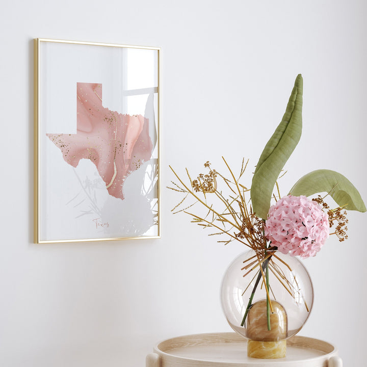 Texas Map Pink and Gold Wall Art Print | USA | US State | United States of America