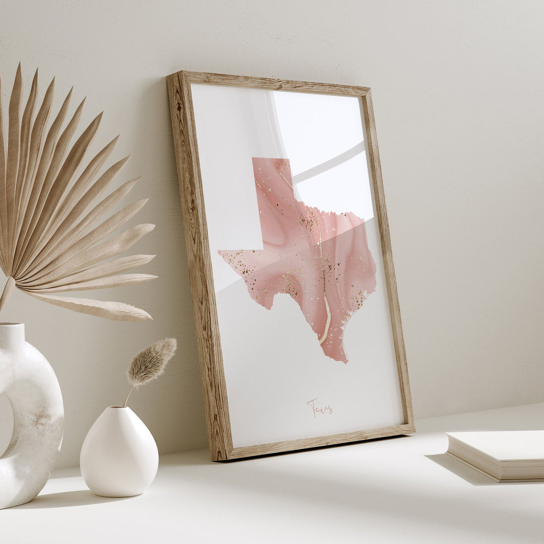 Texas Map Pink and Gold Wall Art Print | USA | US State | United States of America