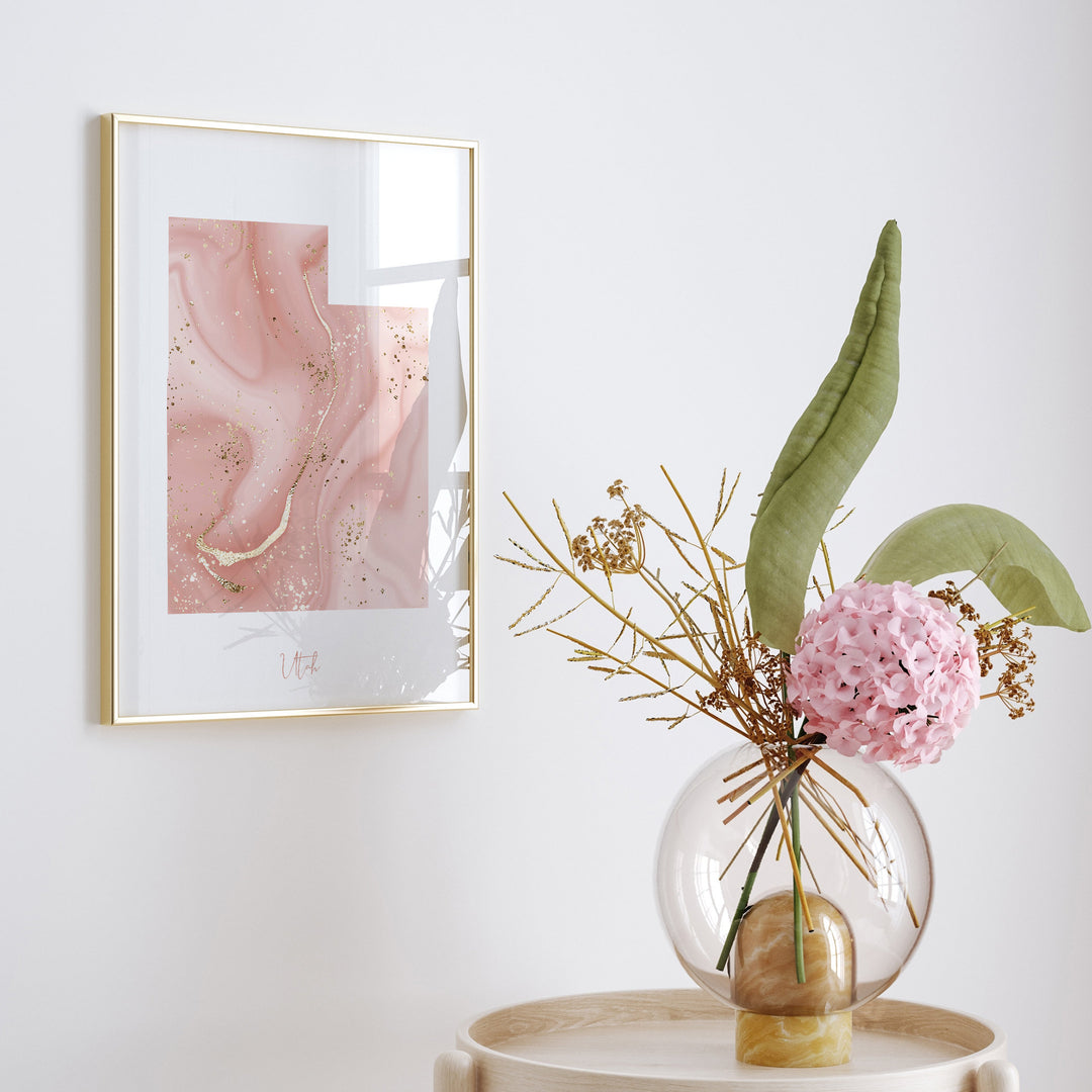 Utah Map Pink and Gold Wall Art Print | USA | US State | United States of America