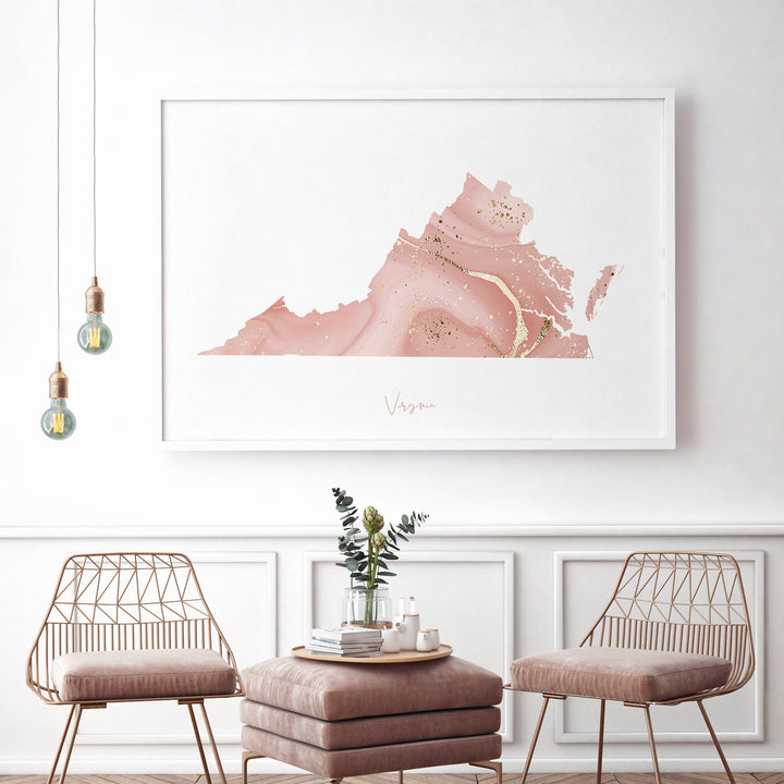 Virginia Map Pink and Gold Wall Art Print | USA | US State | United States of America