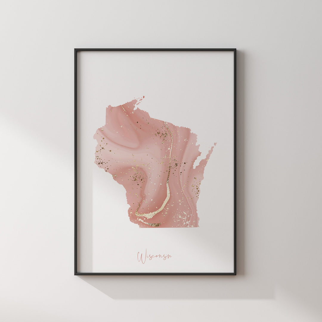 Wisconsin Map Pink and Gold Wall Art Print | USA | US State | United States of America