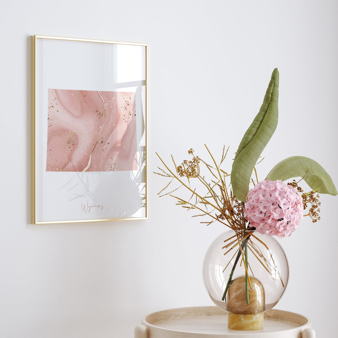 Wyoming Map Pink and Gold Wall Art Print | USA | US State | United States of America