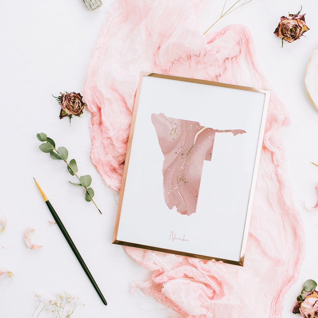 Namibia Map Pink and Gold Wall Art Print