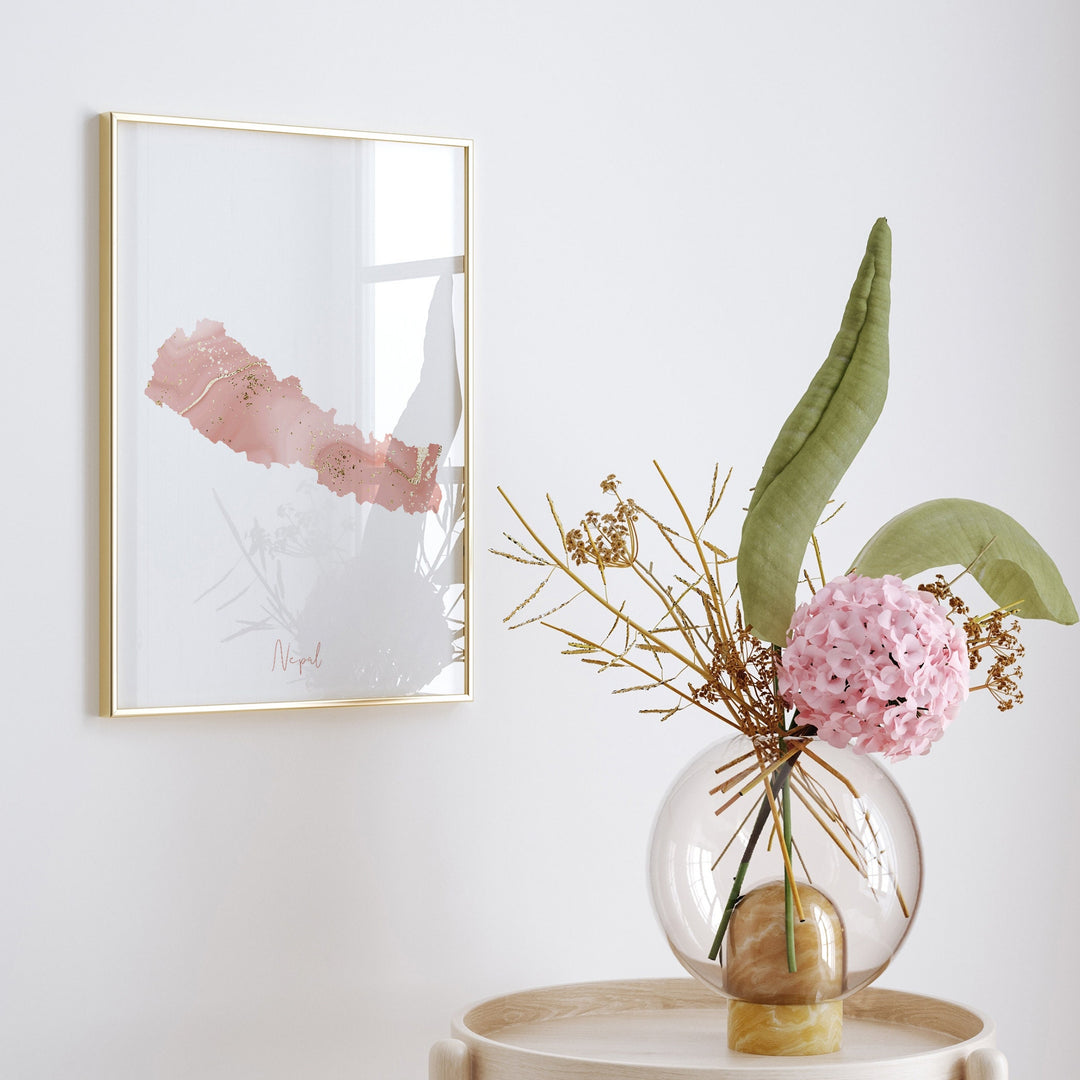 Nepal Map Pink and Gold Wall Art Print