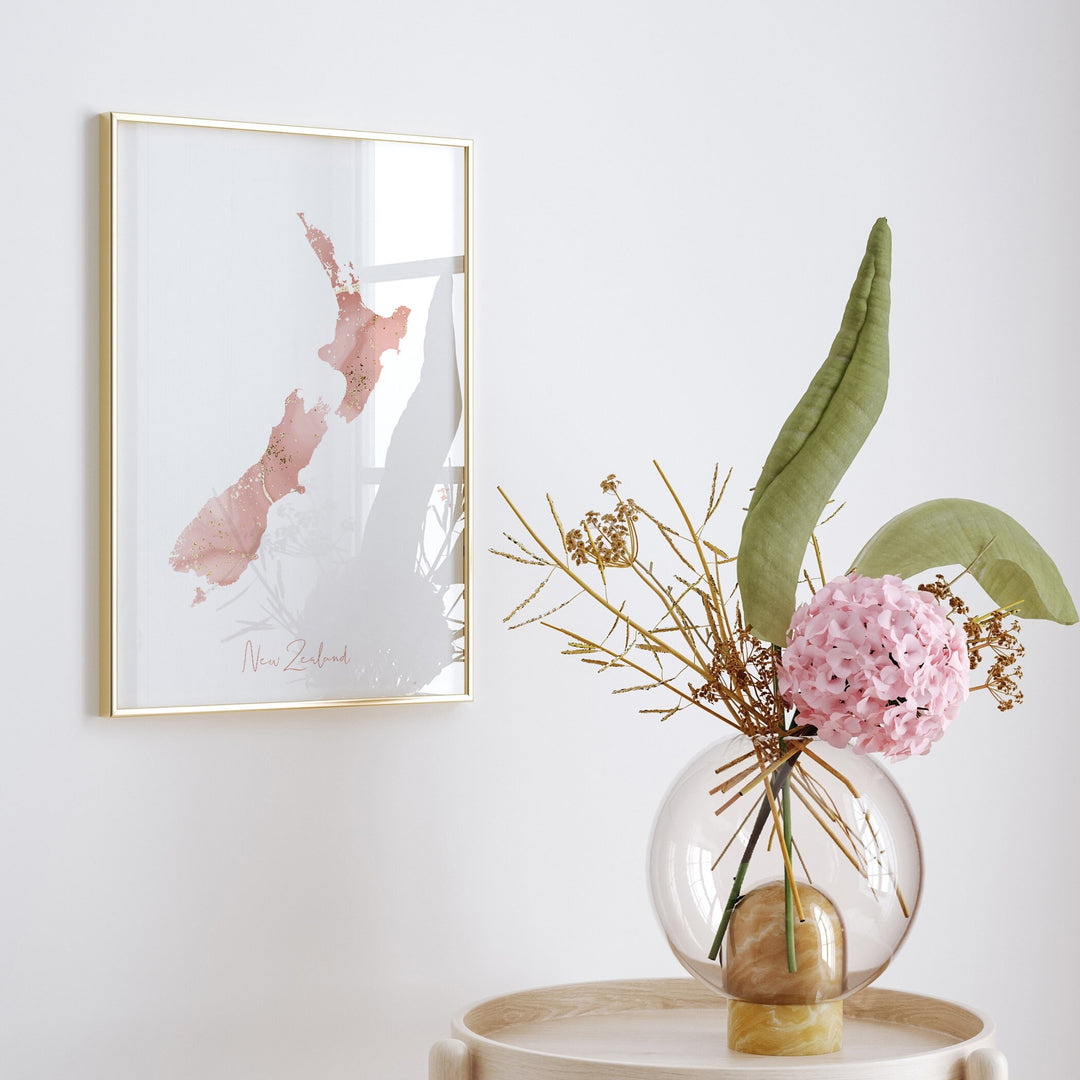 New Zealand Map Pink and Gold Wall Art Print