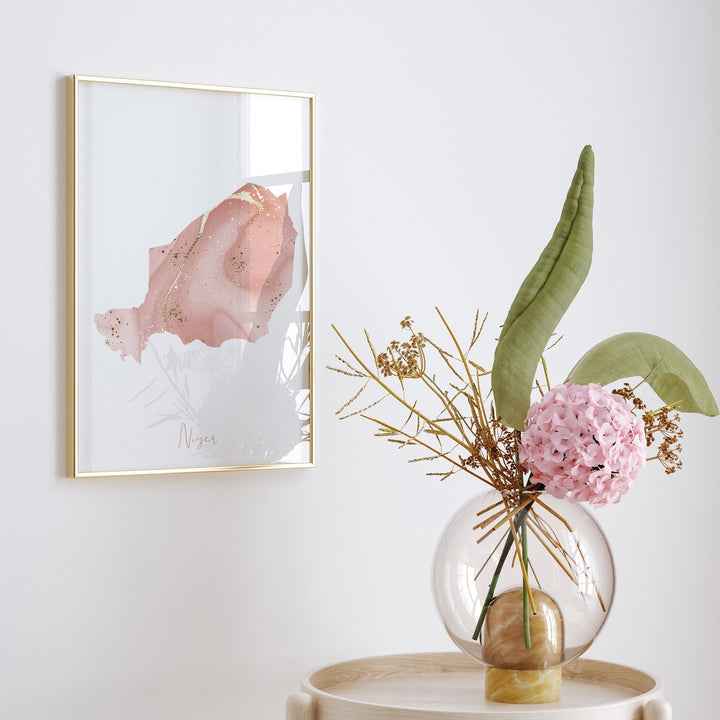 Niger Map Pink and Gold Wall Art Print