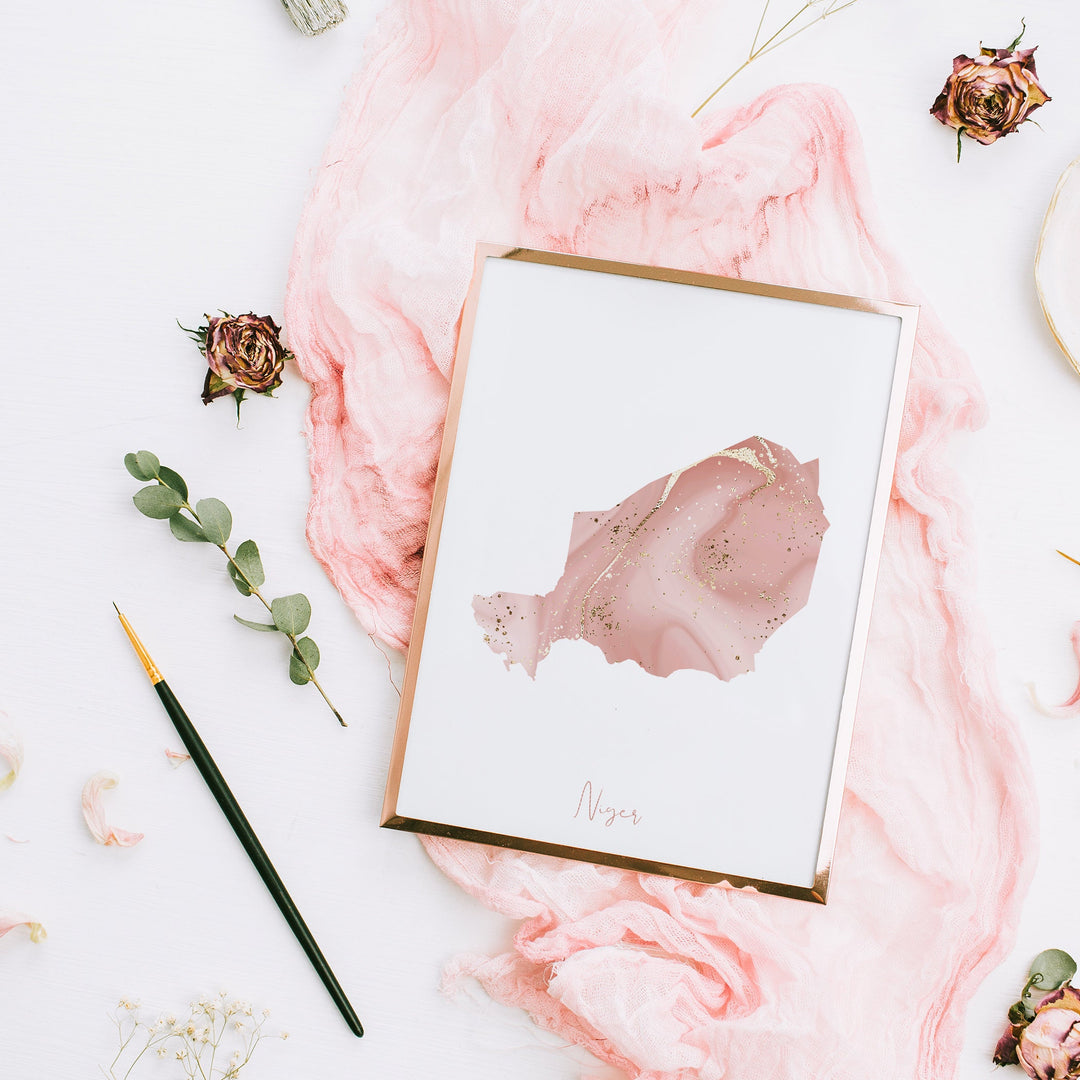 Niger Map Pink and Gold Wall Art Print