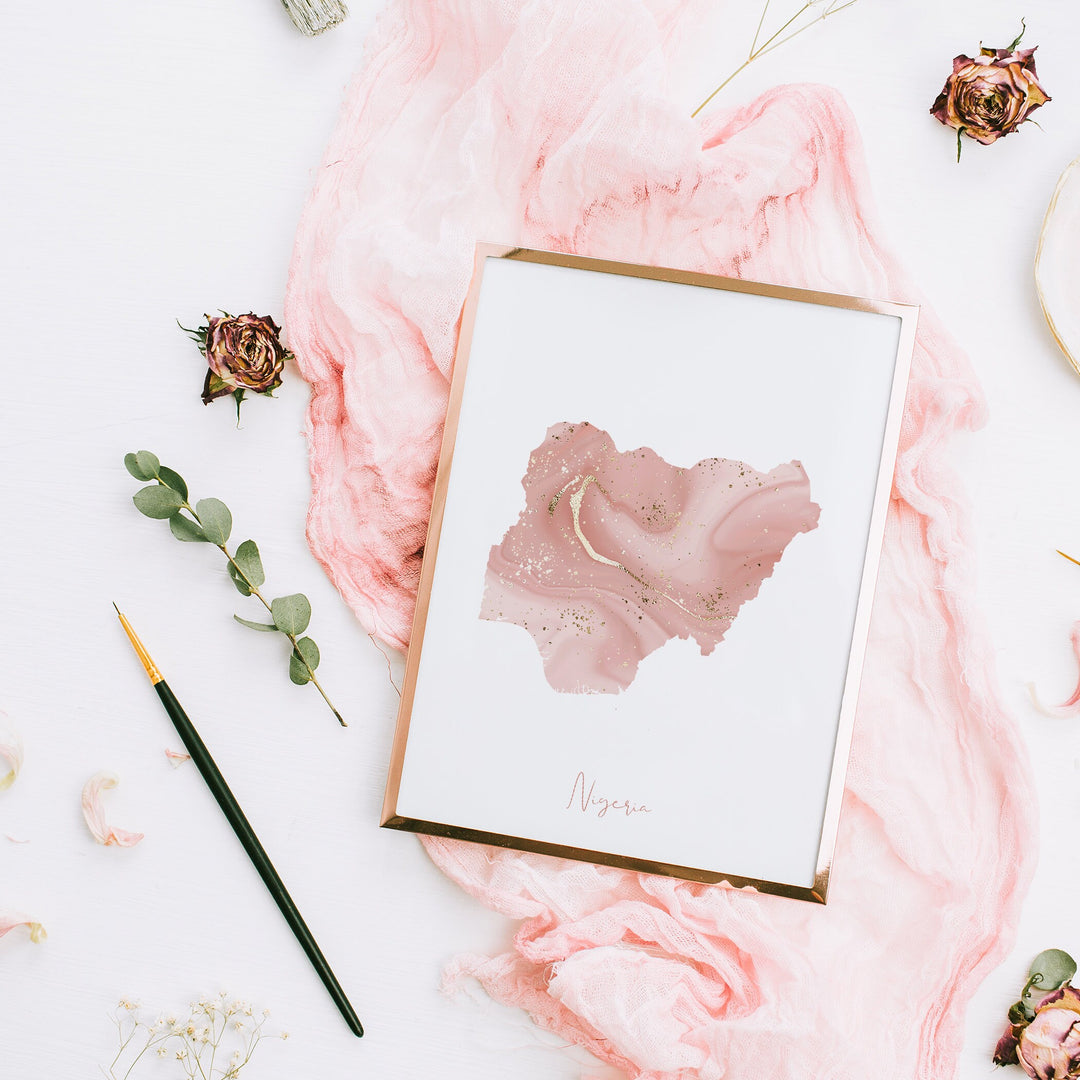 Nigeria Map Pink and Gold Wall Art Print