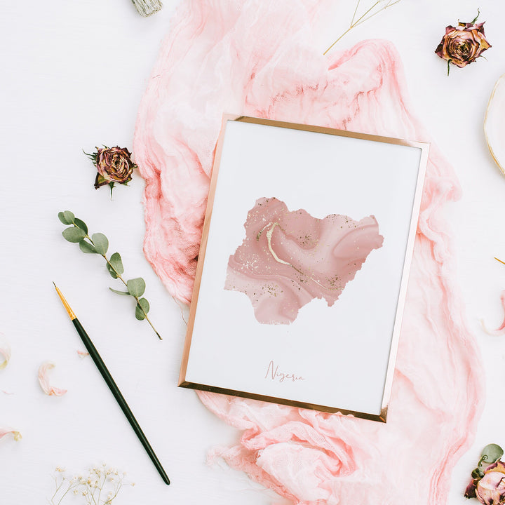 Nigeria Map Pink and Gold Wall Art Print