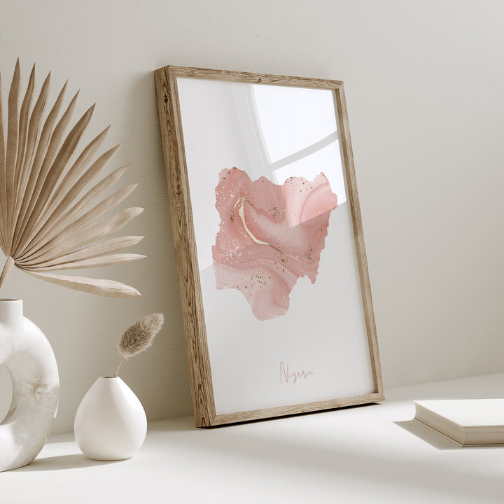 Nigeria Map Pink and Gold Wall Art Print