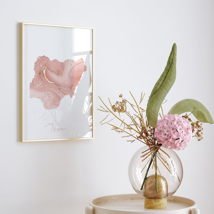 Nigeria Map Pink and Gold Wall Art Print