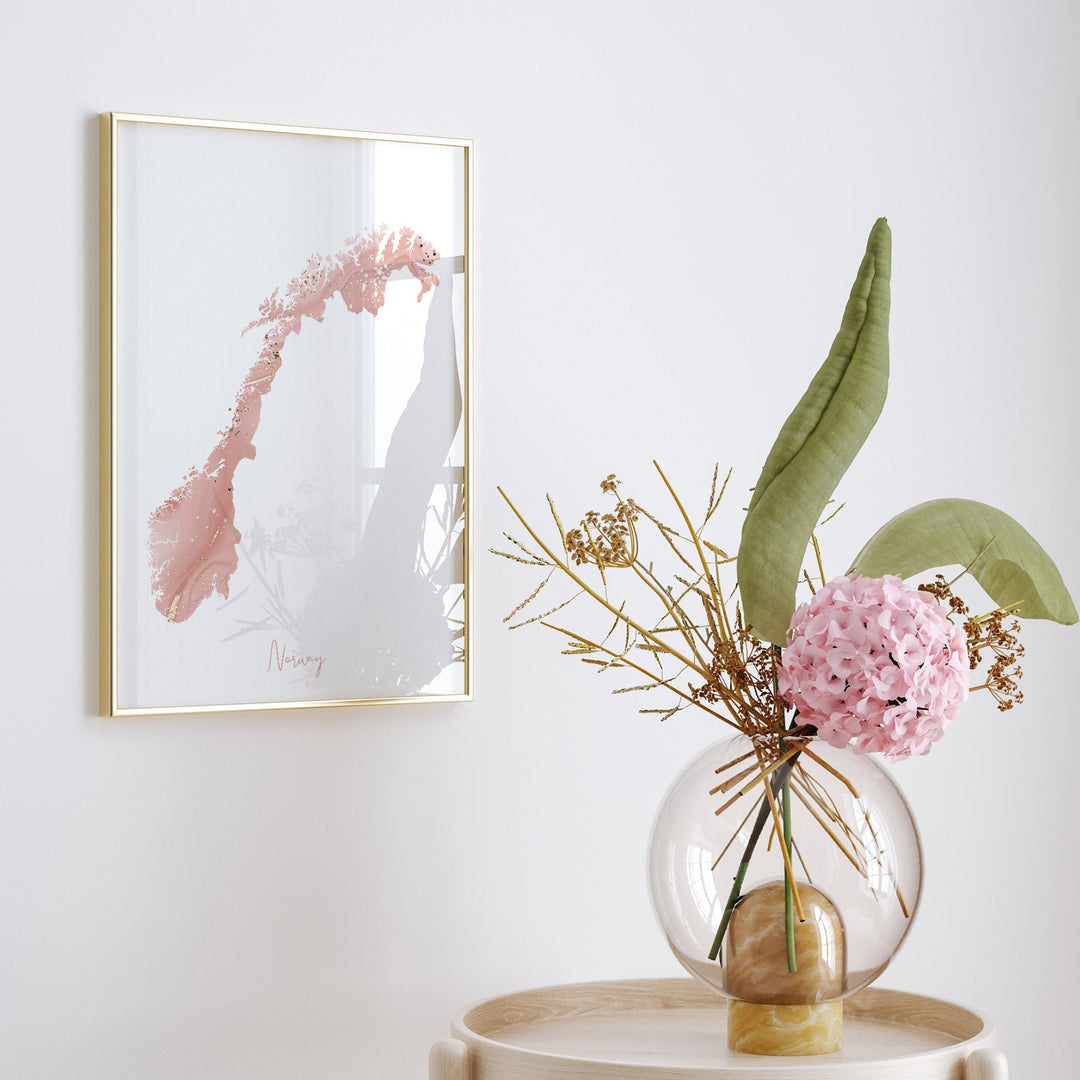 Norway Map Pink and Gold Wall Art Print