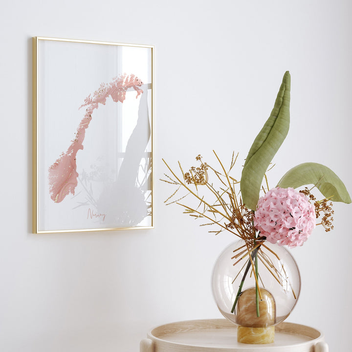 Norway Map Pink and Gold Wall Art Print