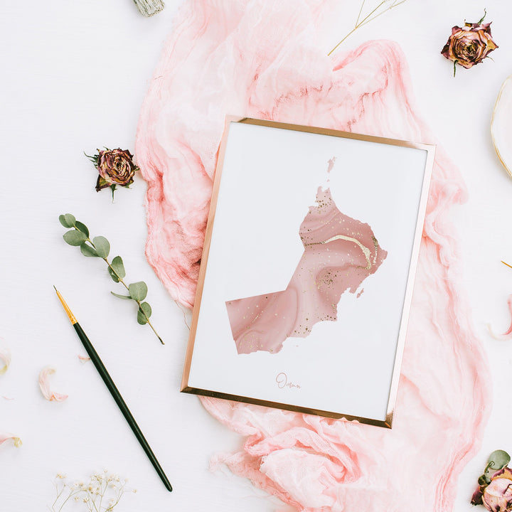 Oman Map Pink and Gold Wall Art Print