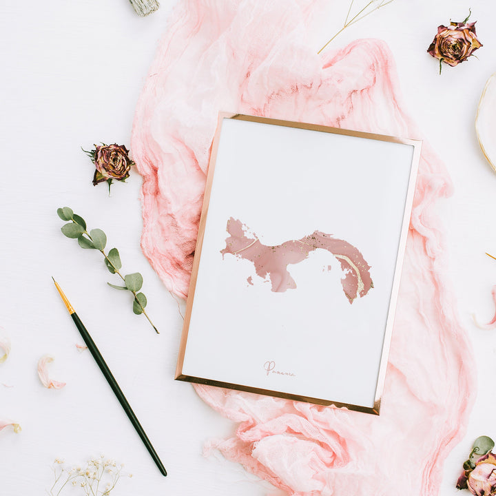 Panama Map Pink and Gold Wall Art Print
