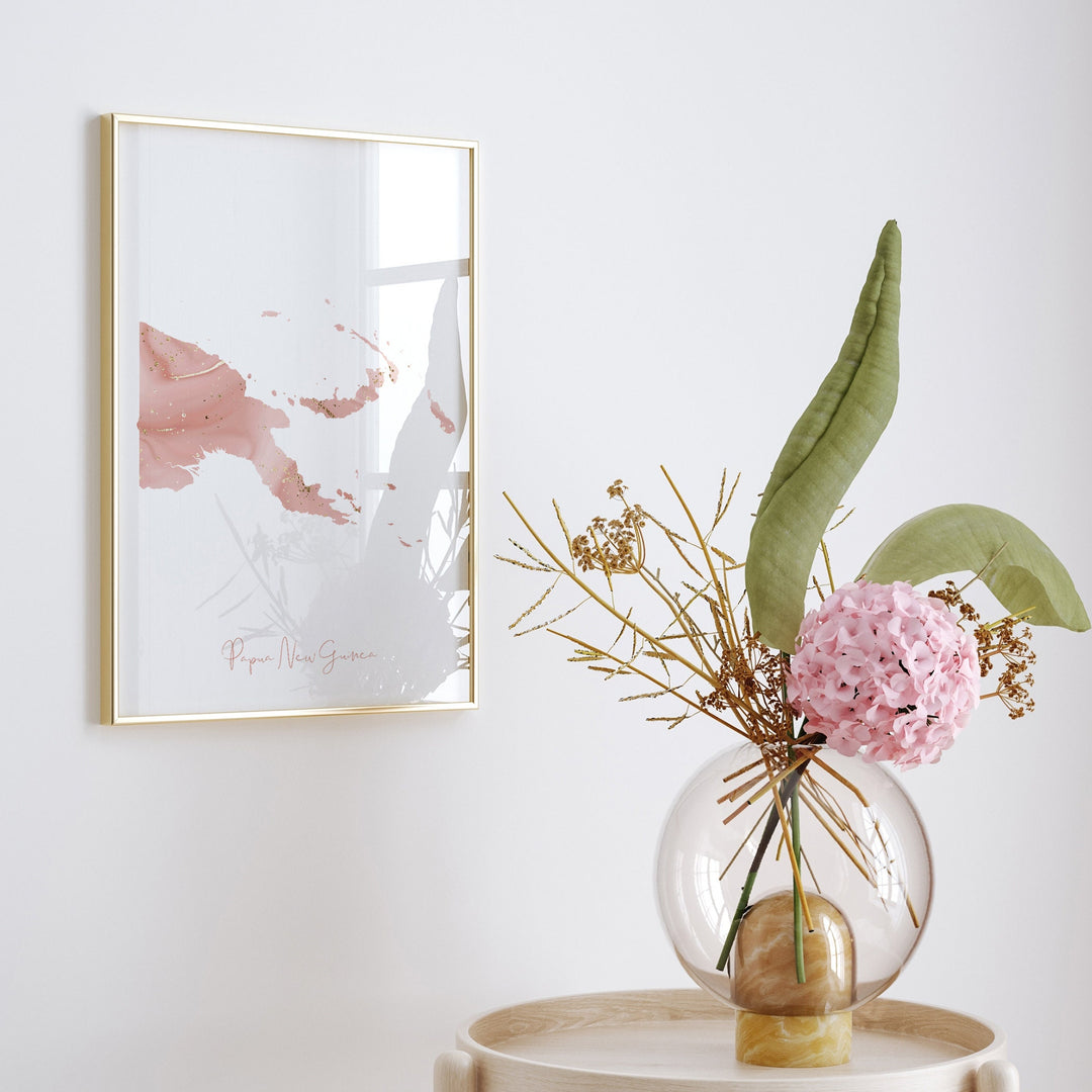 Papua New Guinea Map Pink and Gold Wall Art Print