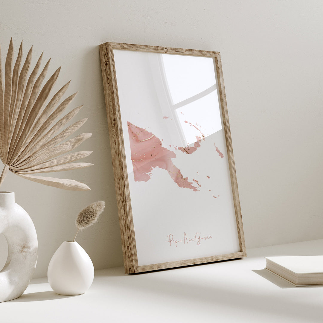 Papua New Guinea Map Pink and Gold Wall Art Print