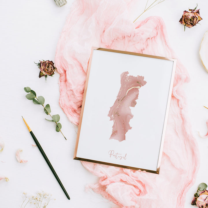 Portugal Map Pink and Gold Wall Art Print