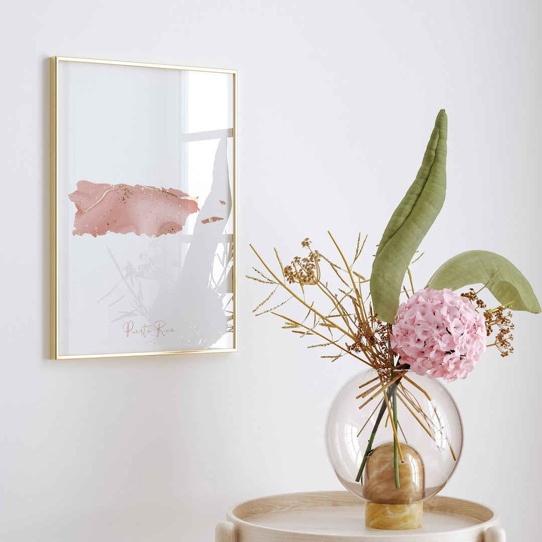 Puerto Rico Map Pink and Gold Wall Art Print