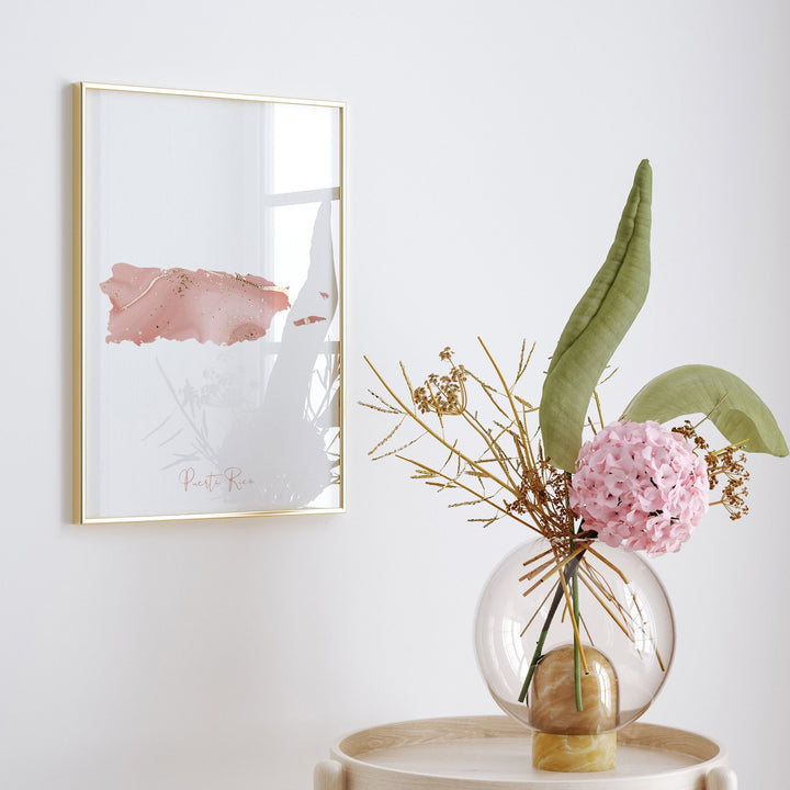 Puerto Rico Map Pink and Gold Wall Art Print