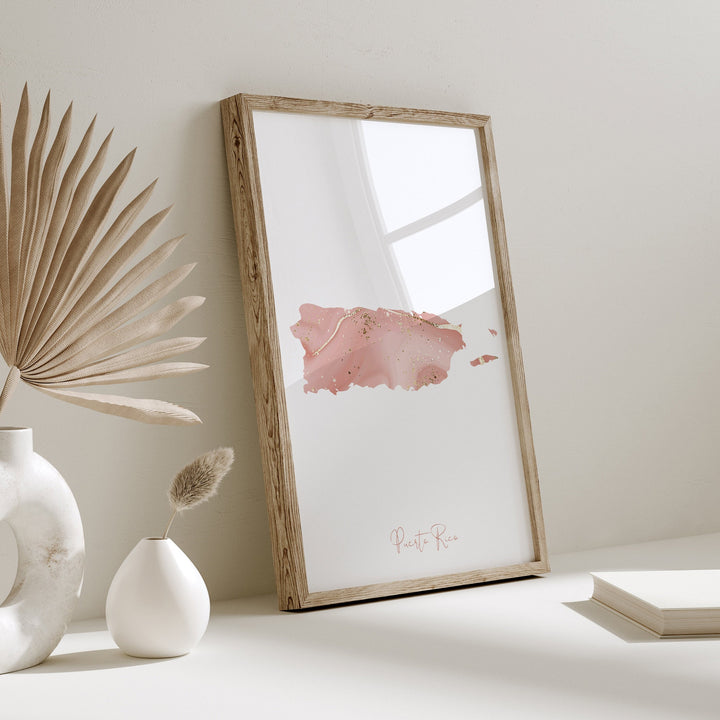 Puerto Rico Map Pink and Gold Wall Art Print