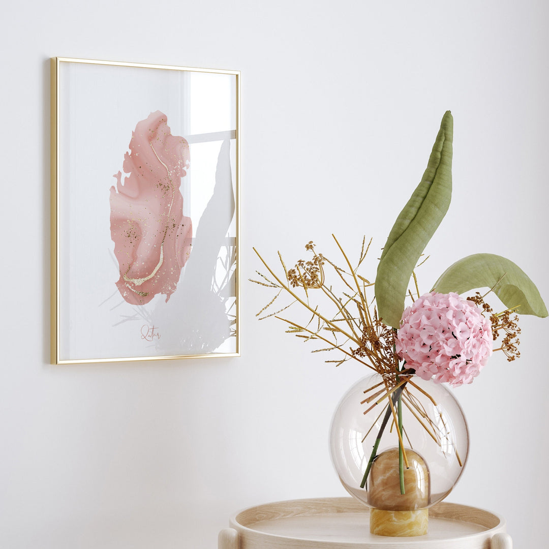 Qatar Map Pink and Gold Wall Art Print