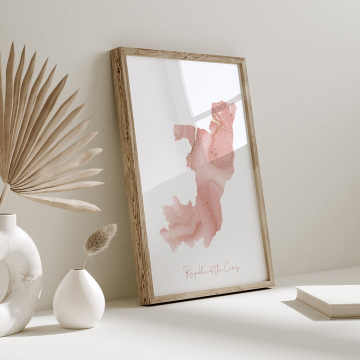 Republic of the Congo Map Pink and Gold Wall Art Print