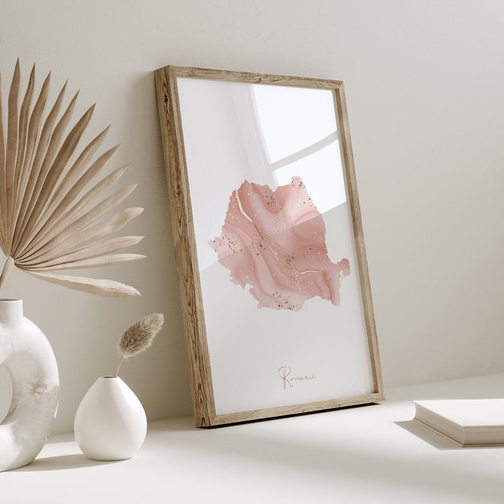Romania Map Pink and Gold Wall Art Print