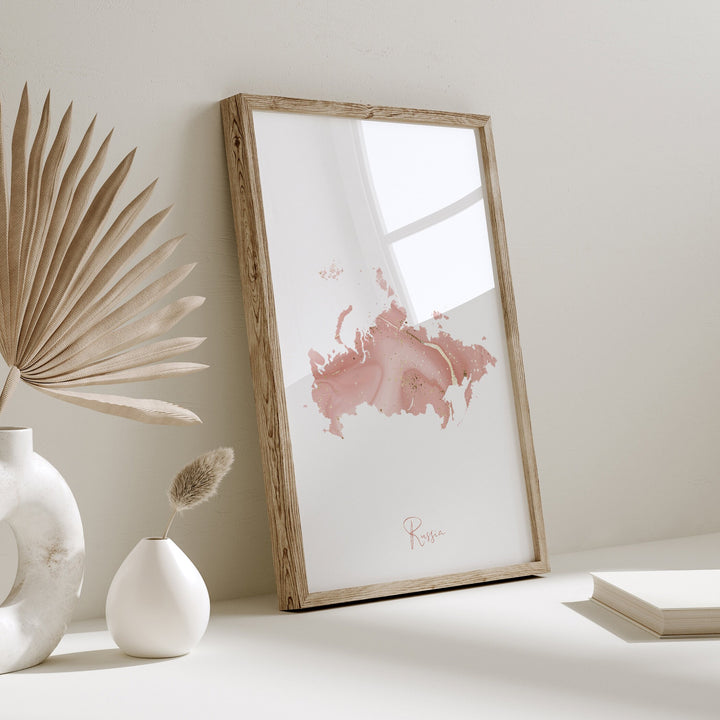 Russia Map Pink and Gold Wall Art Print