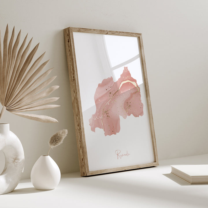 Rwanda Map Pink and Gold Wall Art Print