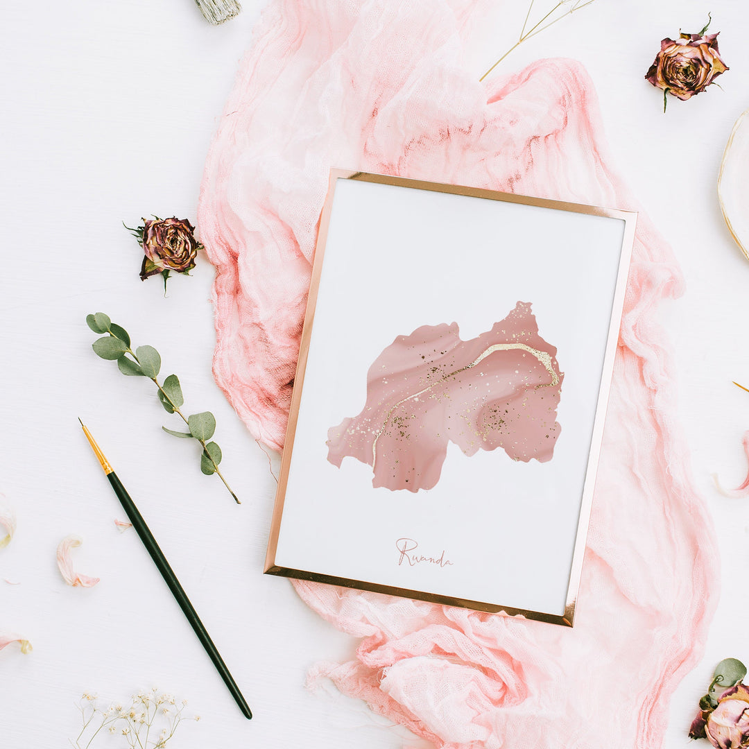 Rwanda Map Pink and Gold Wall Art Print